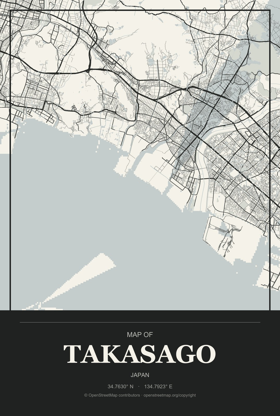 Takasago, Japan City Map Aluminum Sign in Museum Plaque style
