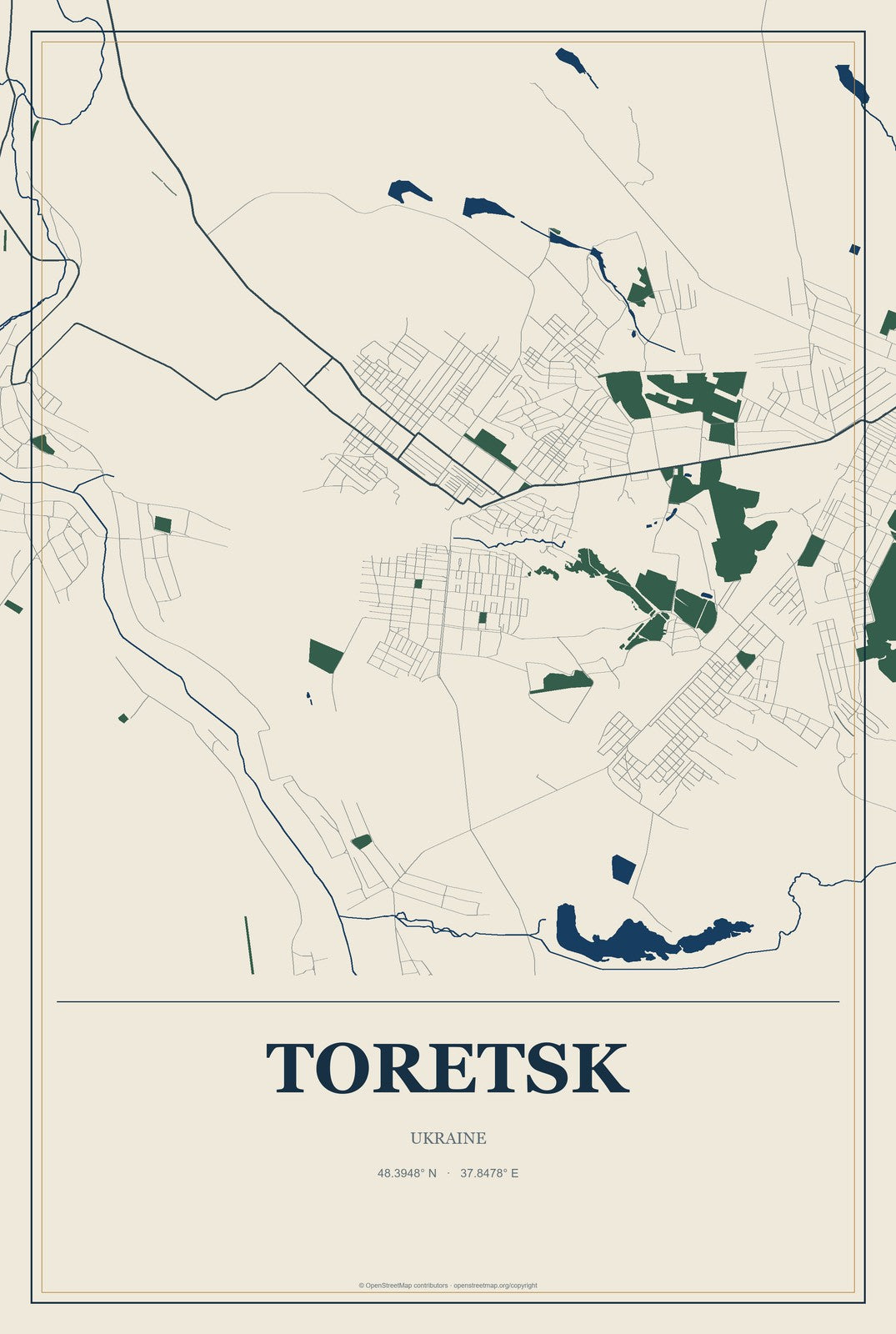 Toretsk, Ukraine City Map Aluminum Sign in Coastal Cutout style
