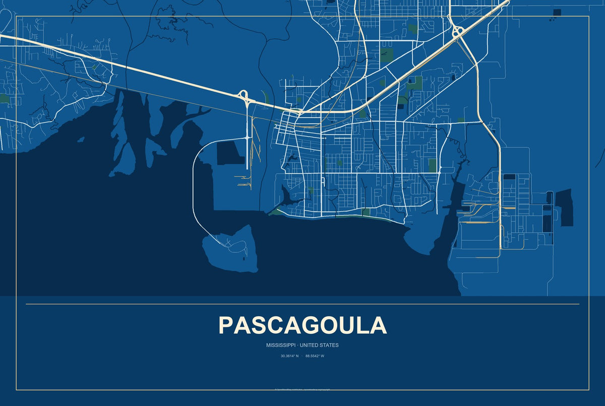 Pascagoula, Mississippi City Map Aluminum Sign in Harbor Cobalt style
