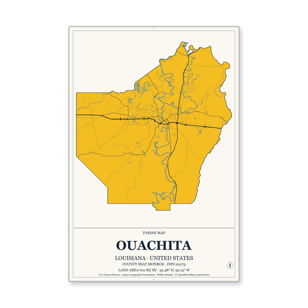 Ouachita Parish, Louisiana Map Aluminum Sign in Citrine Modern style