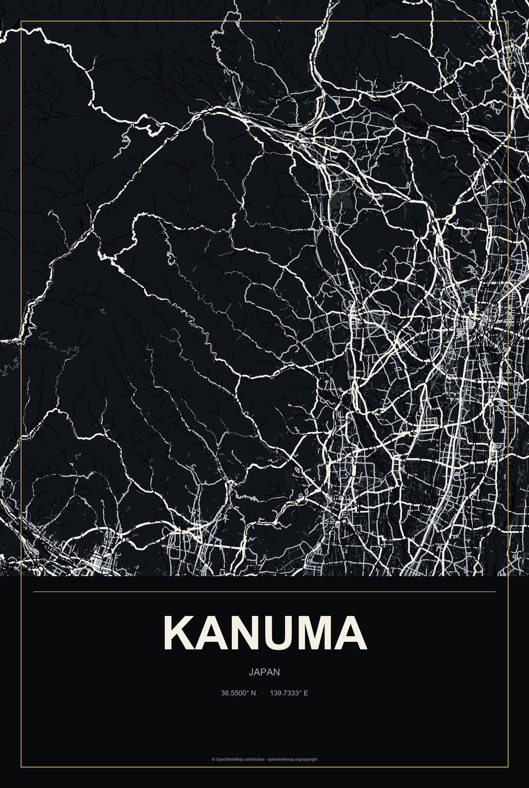 Kanuma, Japan City Map Aluminum Sign in Metropolitan Noir style
