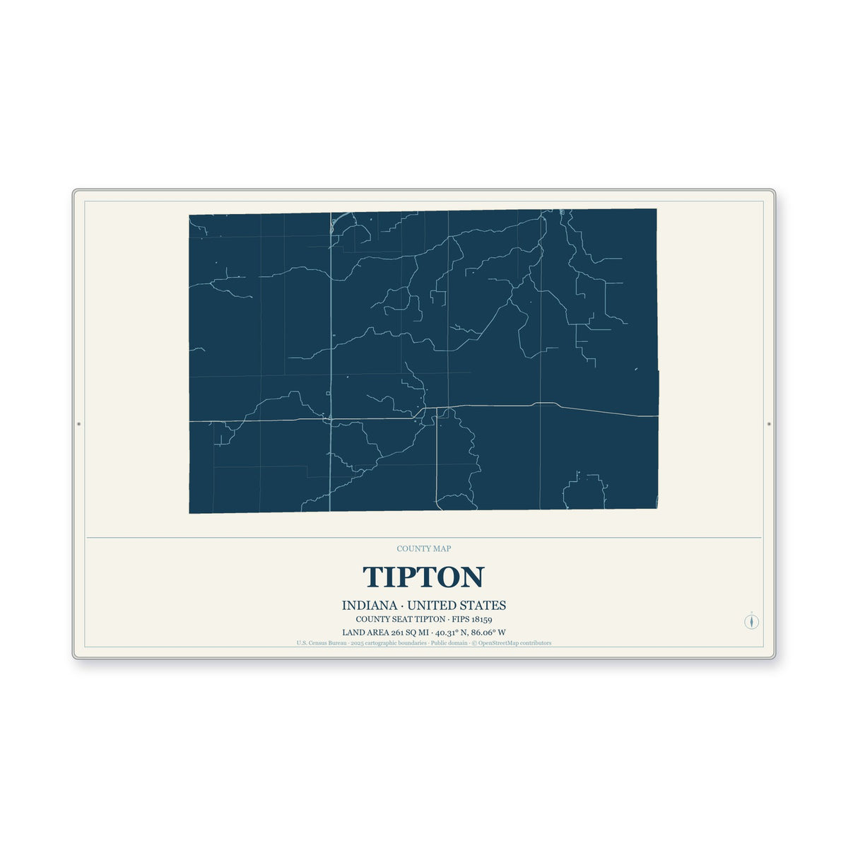 Tipton County, Indiana Map Aluminum Sign in Coastal Cutout style