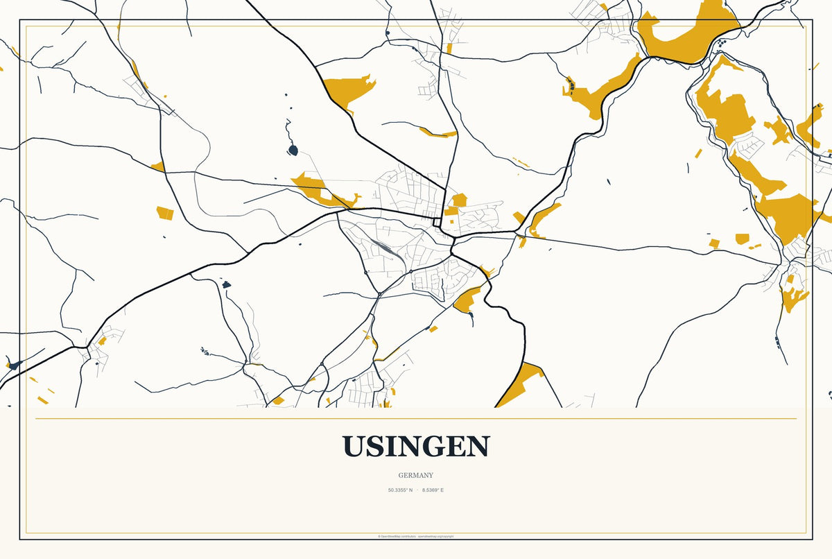 Usingen, Germany City Map Aluminum Sign in Citrine Modern style