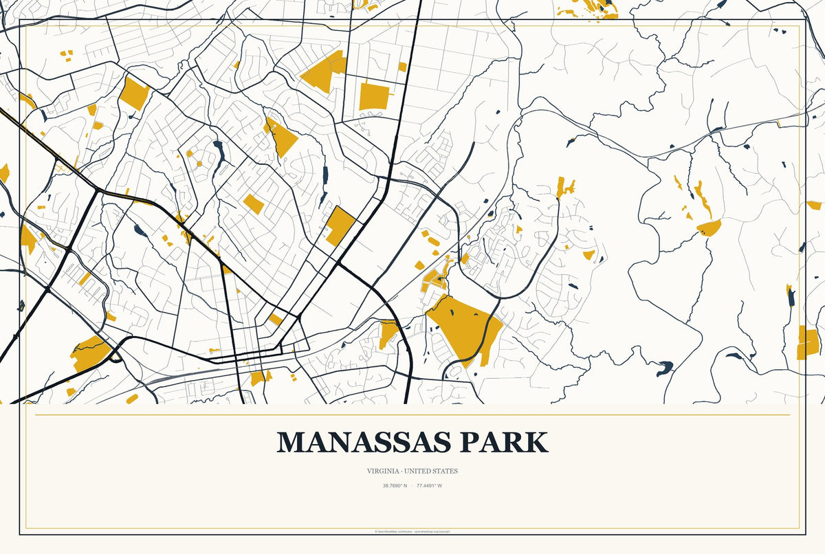 Manassas Park, Virginia City Map Aluminum Sign in Citrine Modern style
