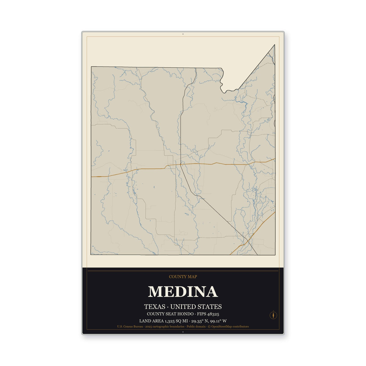 Medina County, Texas Map Aluminum Sign in Museum Plaque style