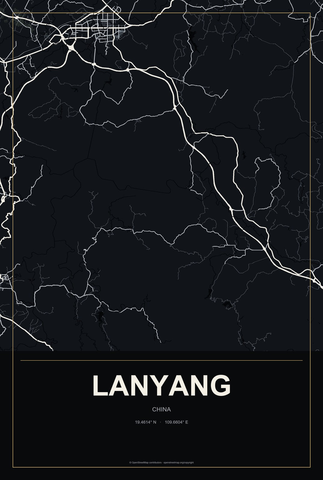 Lanyang, China City Map Aluminum Sign in Metropolitan Noir style