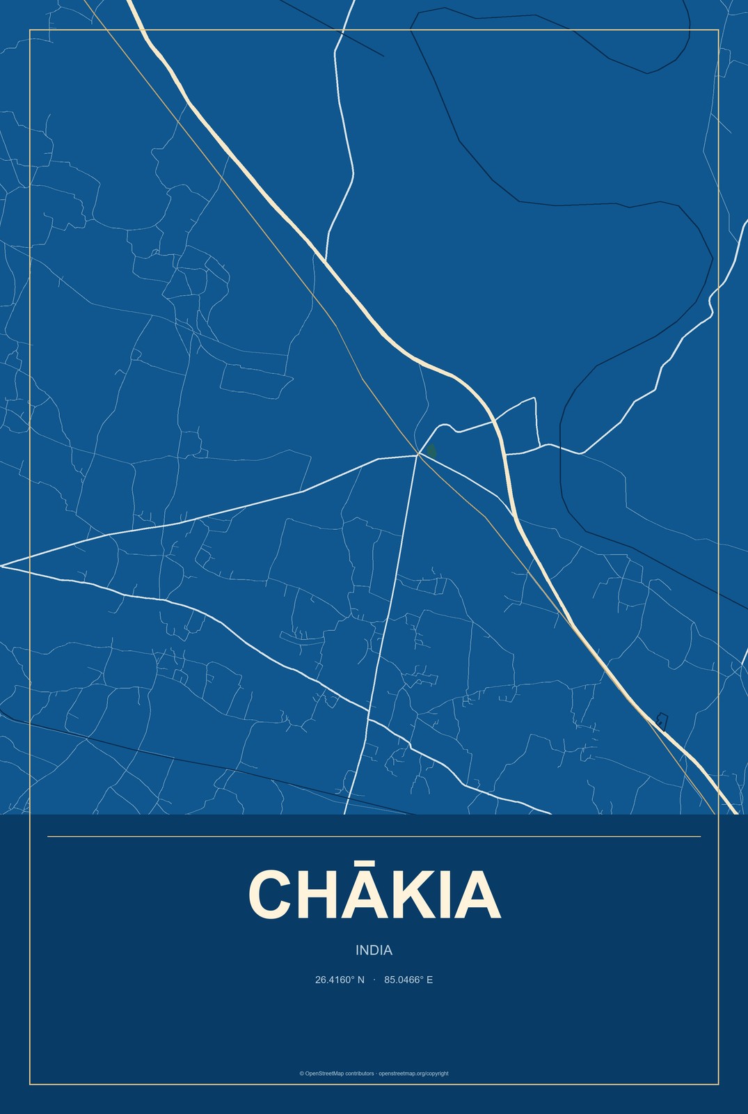 Chākia, India City Map Aluminum Sign in Harbor Cobalt style