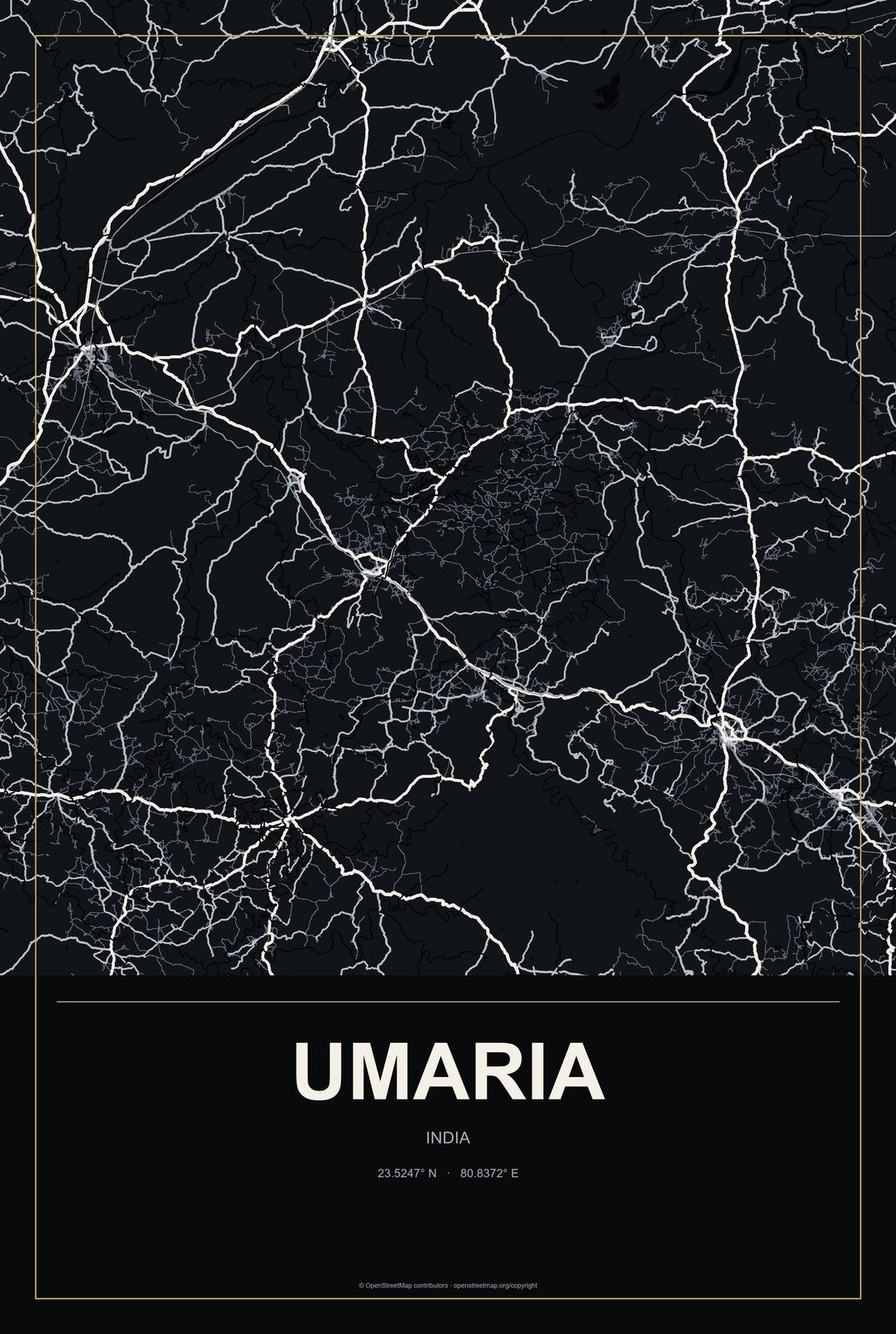 Umaria, India City Map Aluminum Sign in Metropolitan Noir style