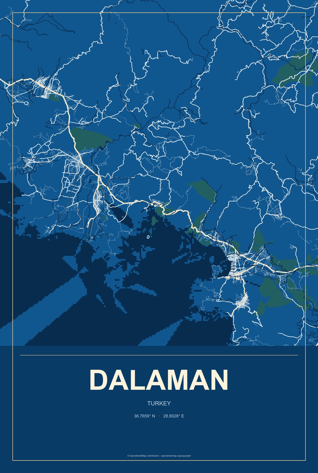 Dalaman, Turkey City Map Aluminum Sign in Harbor Cobalt style