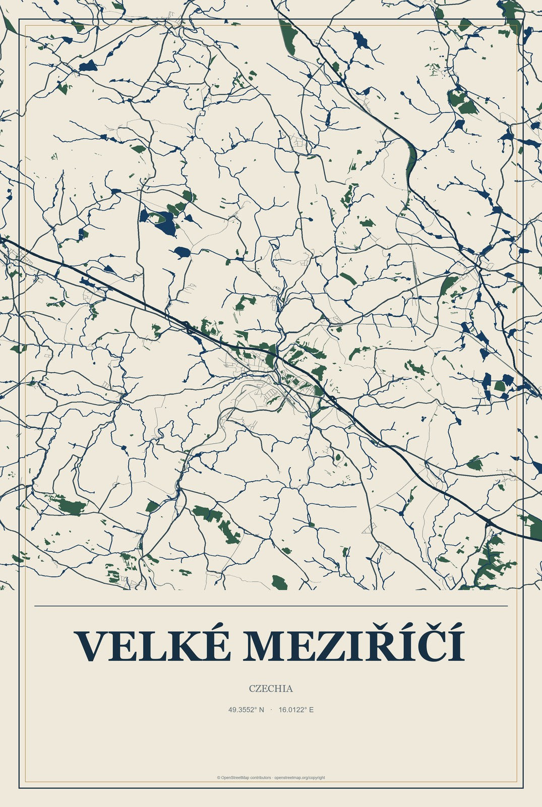 Velké Meziříčí, Czechia City Map Aluminum Sign in Coastal Cutout style