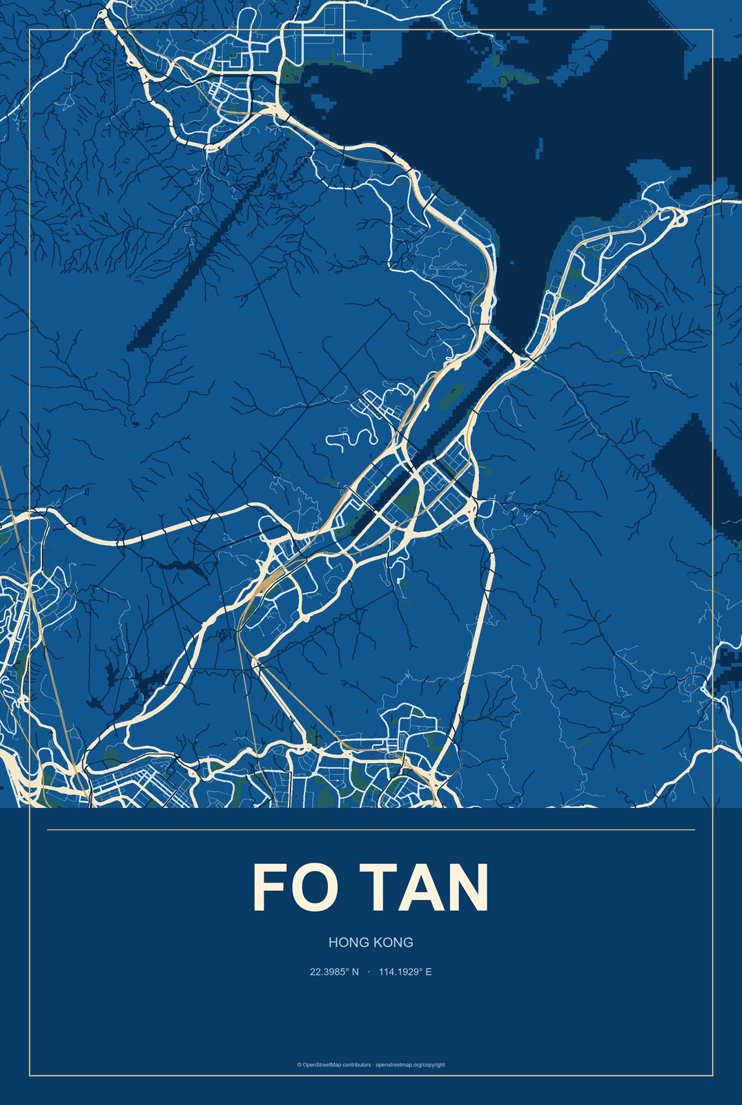 Fo Tan, Hong Kong City Map Aluminum Sign in Harbor Cobalt style