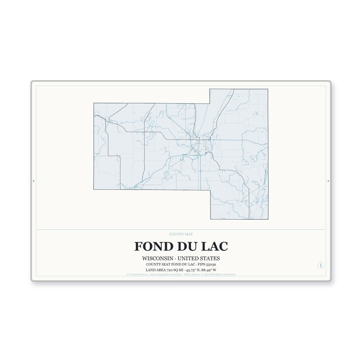 Fond du Lac County, Wisconsin Map Aluminum Sign in Gallery Air style