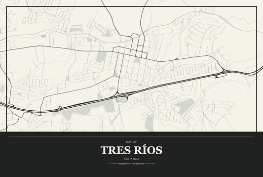 Tres Ríos, Costa Rica City Map Aluminum Sign in Museum Plaque style