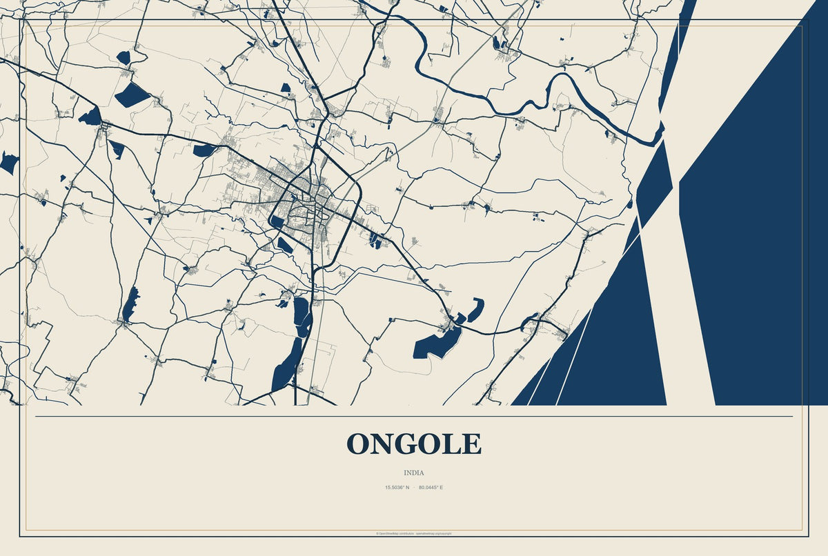 Ongole, India City Map Aluminum Sign in Coastal Cutout style