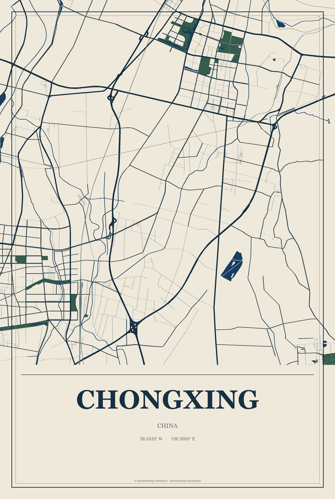 Chongxing, Ningxia, China City Map Aluminum Sign in Coastal Cutout style