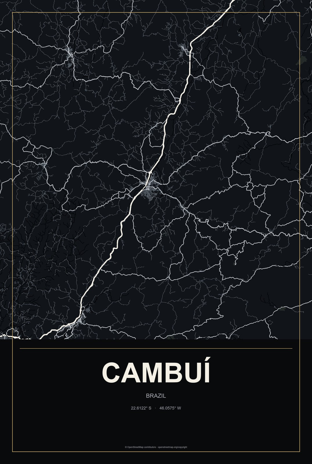 Cambuí, Brazil City Map Aluminum Sign in Metropolitan Noir style