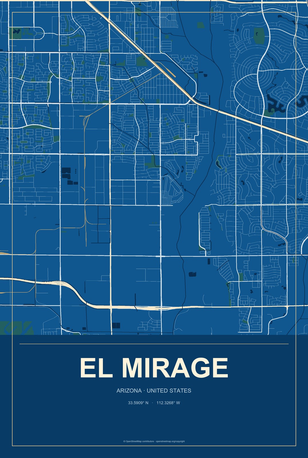 El Mirage, Arizona City Map Aluminum Sign in Harbor Cobalt style