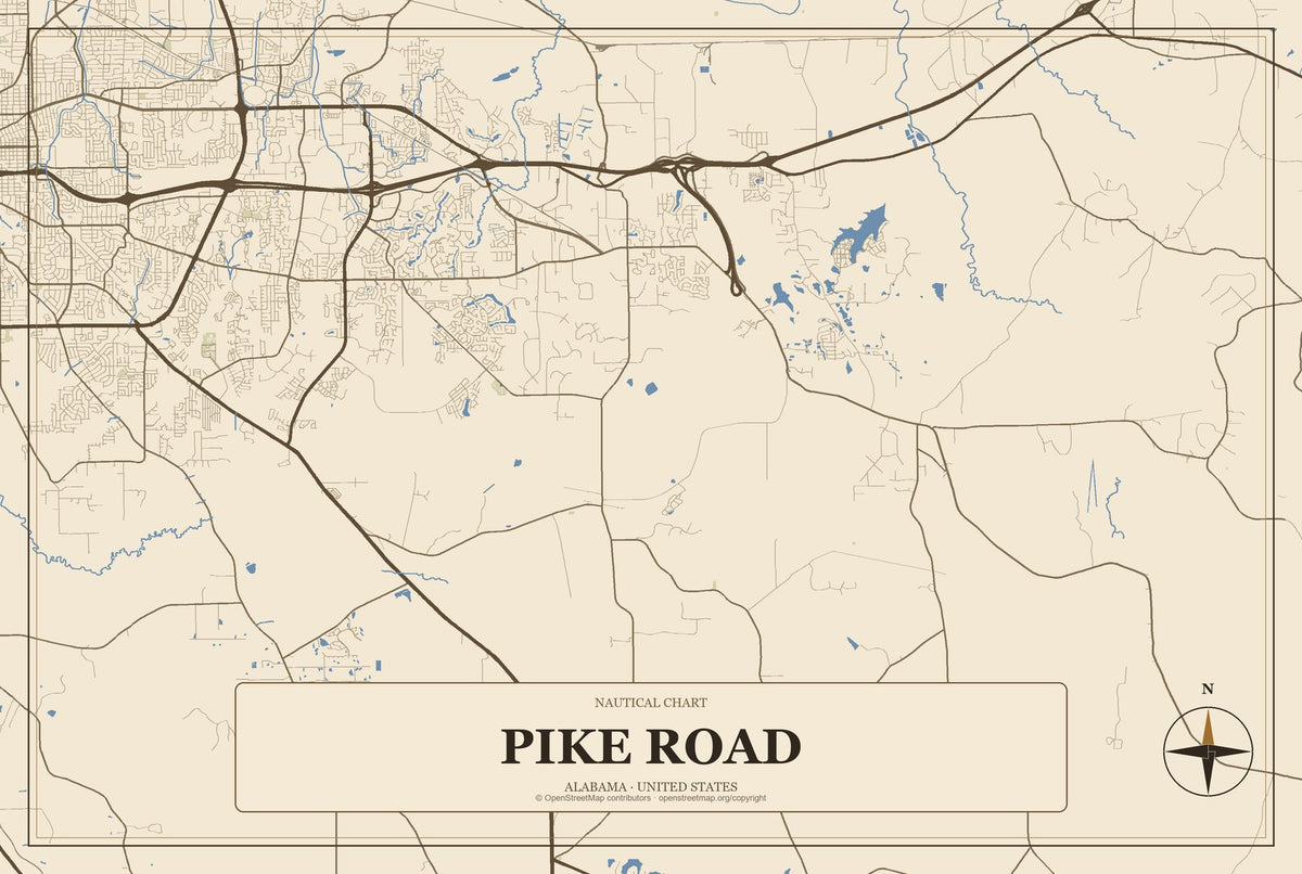 Pike Road, Alabama City Map Aluminum Sign in Heritage Nautical style