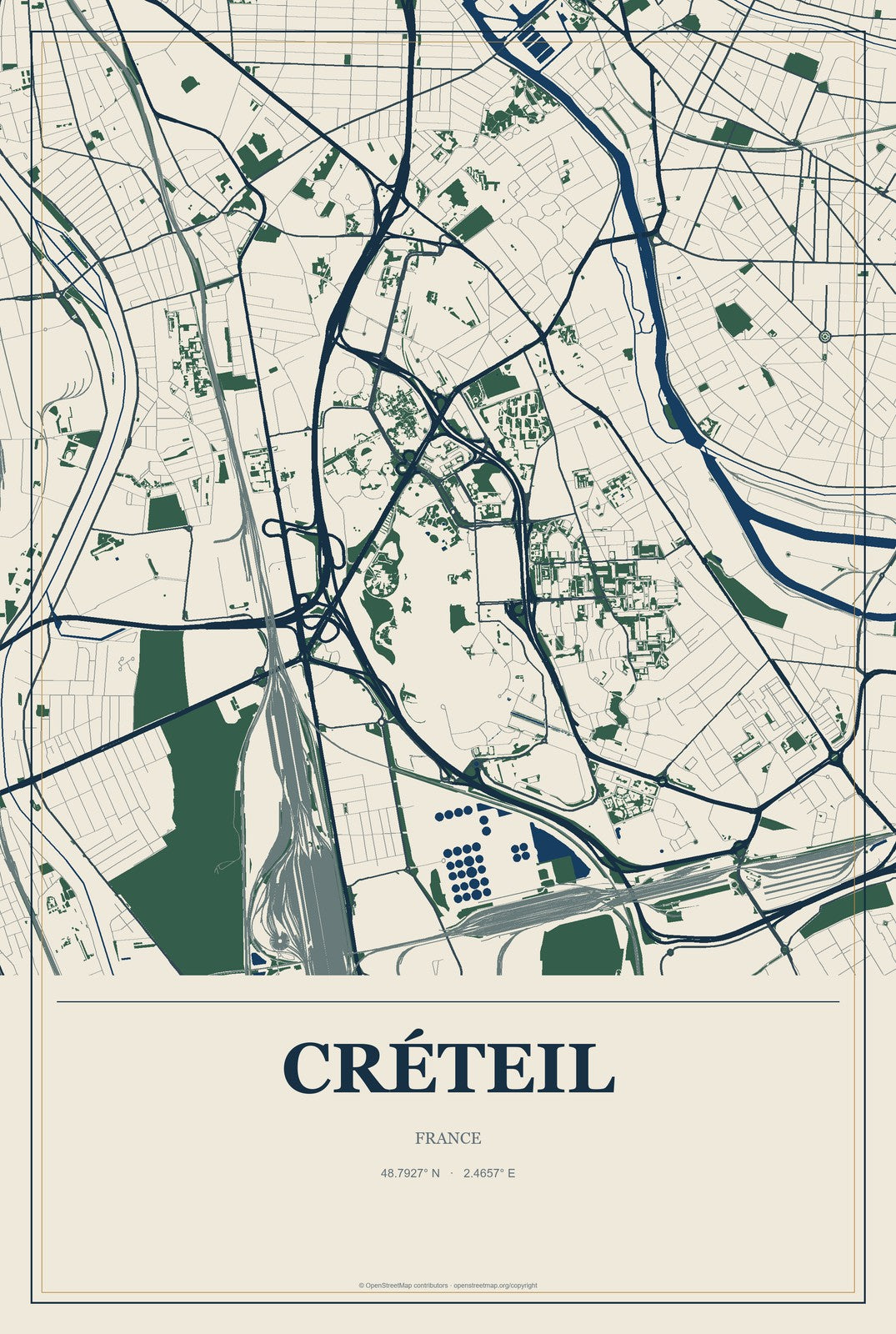Créteil, France City Map Aluminum Sign in Coastal Cutout style