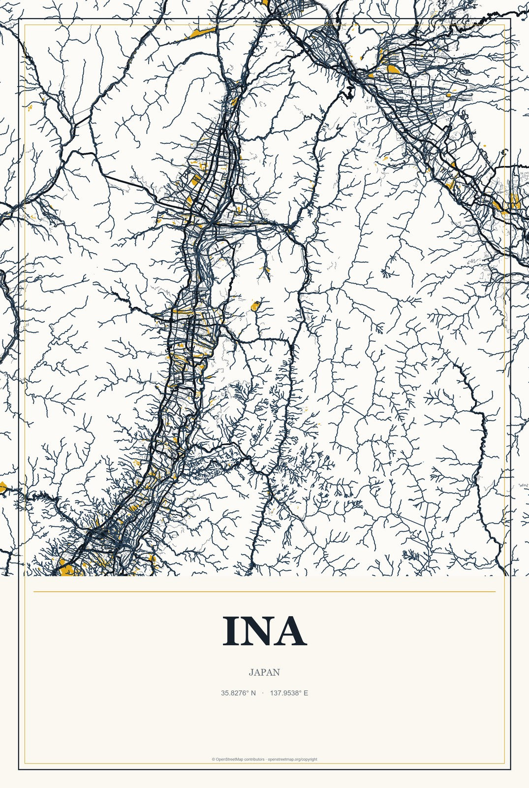 Ina, Japan City Map Aluminum Sign in Citrine Modern style