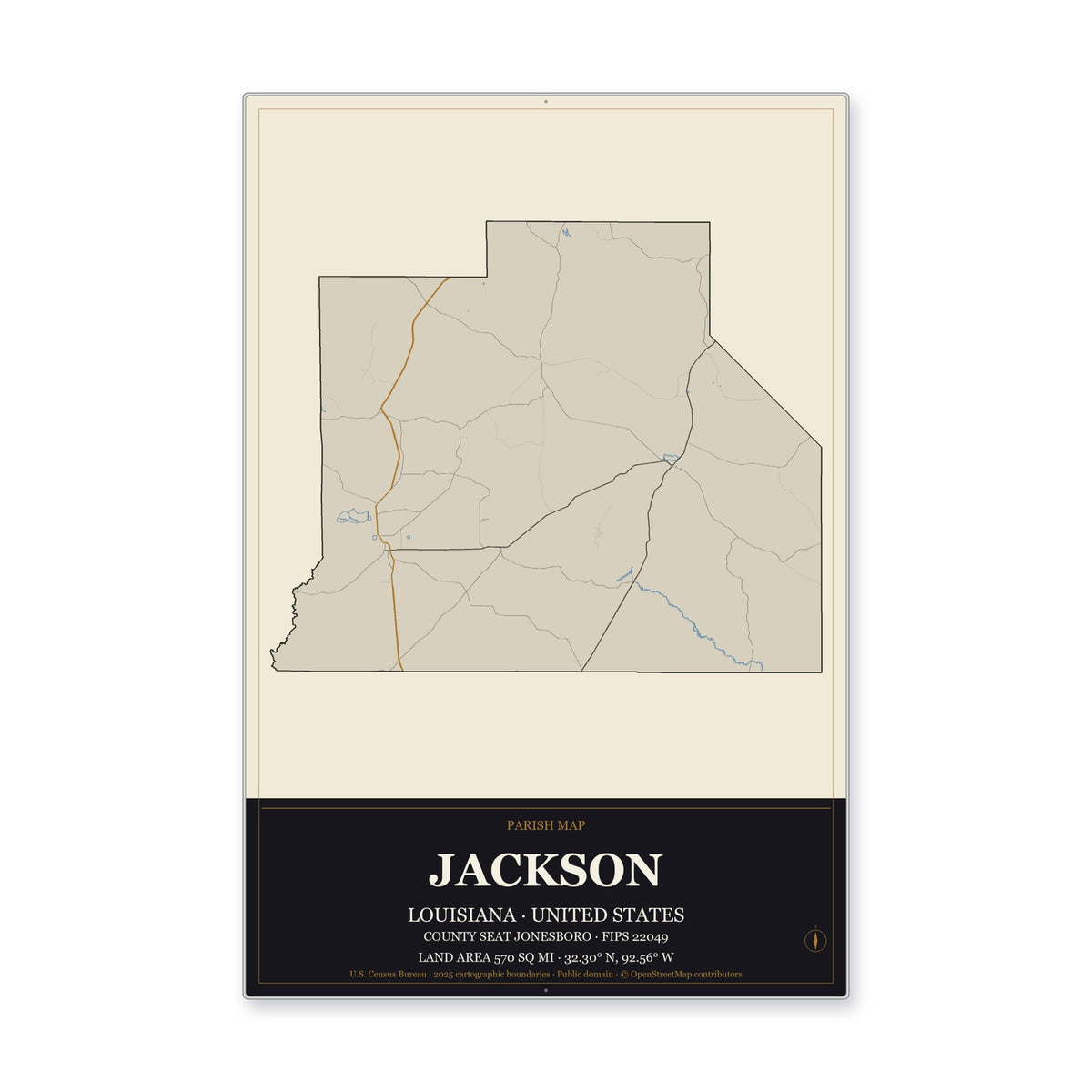 Jackson Parish, Louisiana Map Aluminum Sign in Museum Plaque style