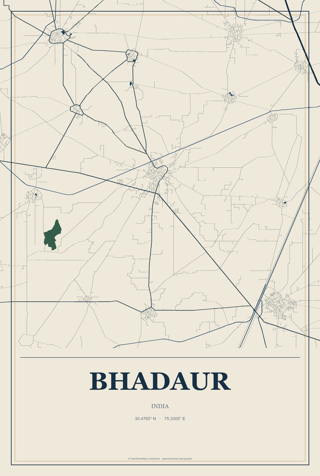 Bhadaur, India City Map Aluminum Sign in Coastal Cutout style