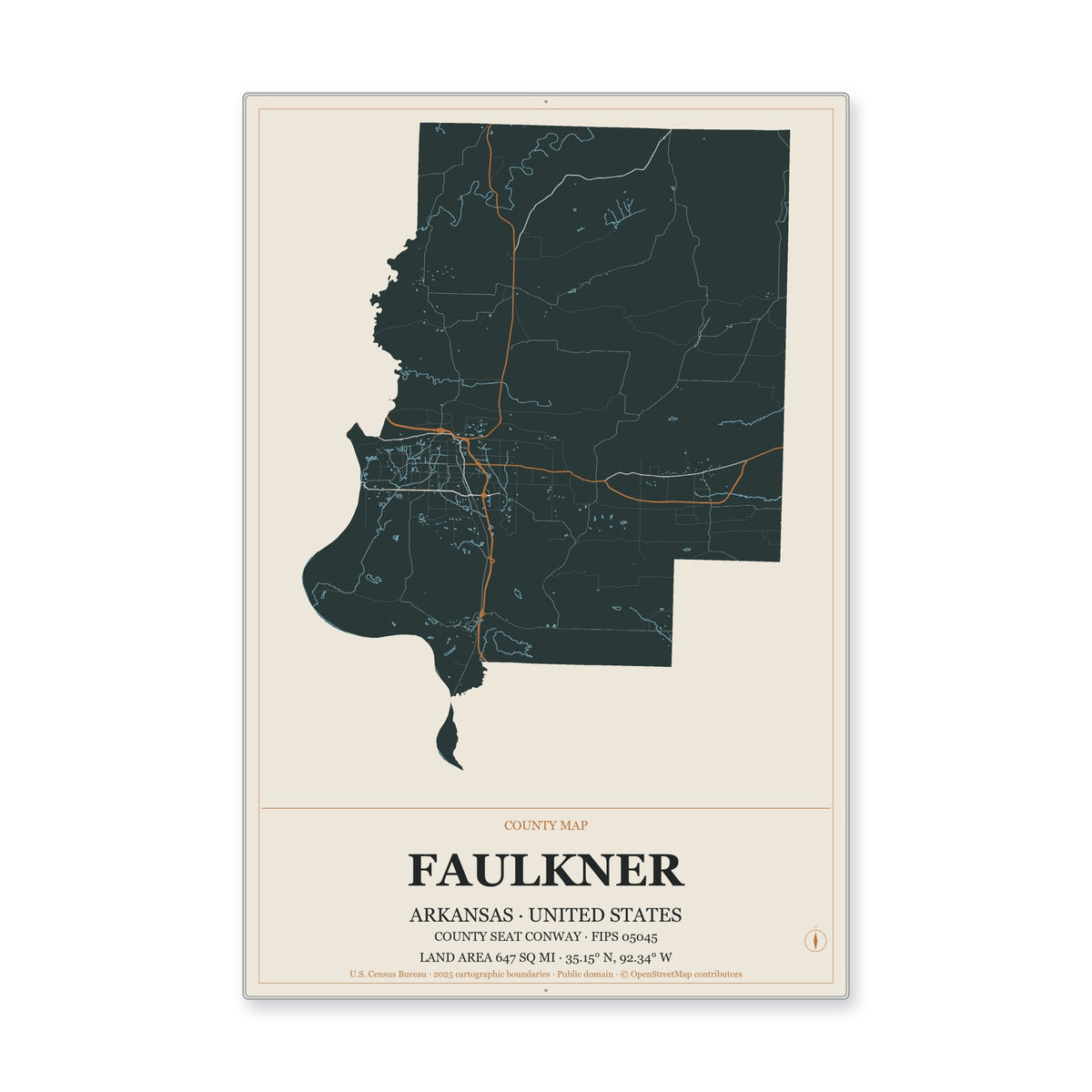 Faulkner County, Arkansas Map Aluminum Sign in Headline Atlas style