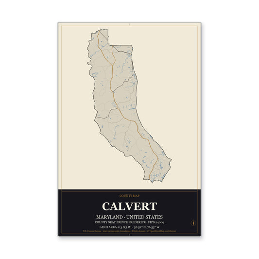 Calvert County, Maryland Map Aluminum Sign in Museum Plaque style