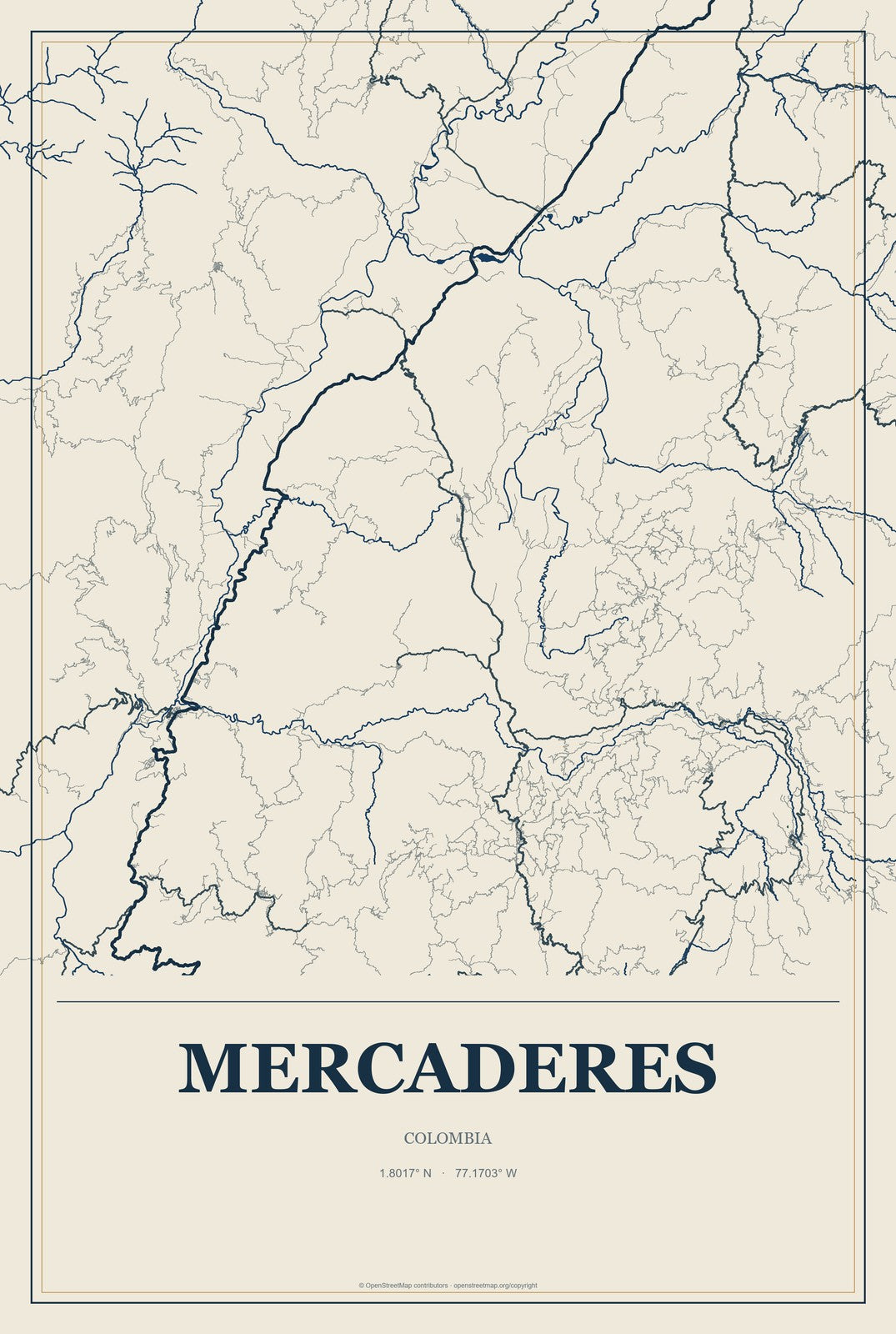 Mercaderes, Colombia City Map Aluminum Sign in Coastal Cutout style