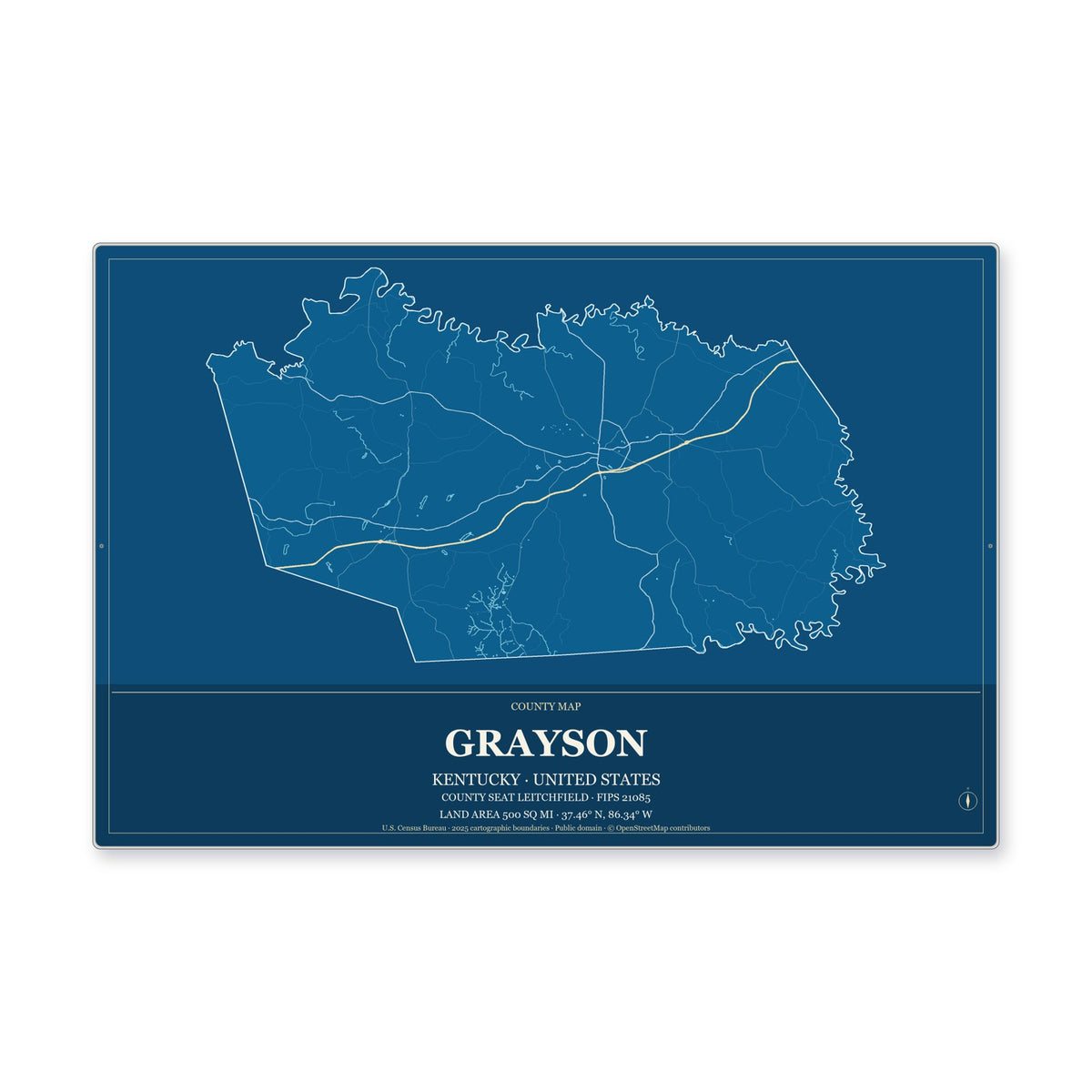 Grayson County, Kentucky Map Aluminum Sign in Harbor Cobalt style