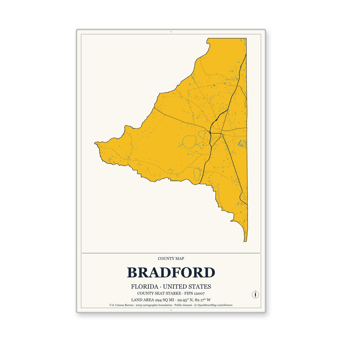 Bradford County, Florida Map Aluminum Sign in Citrine Modern style