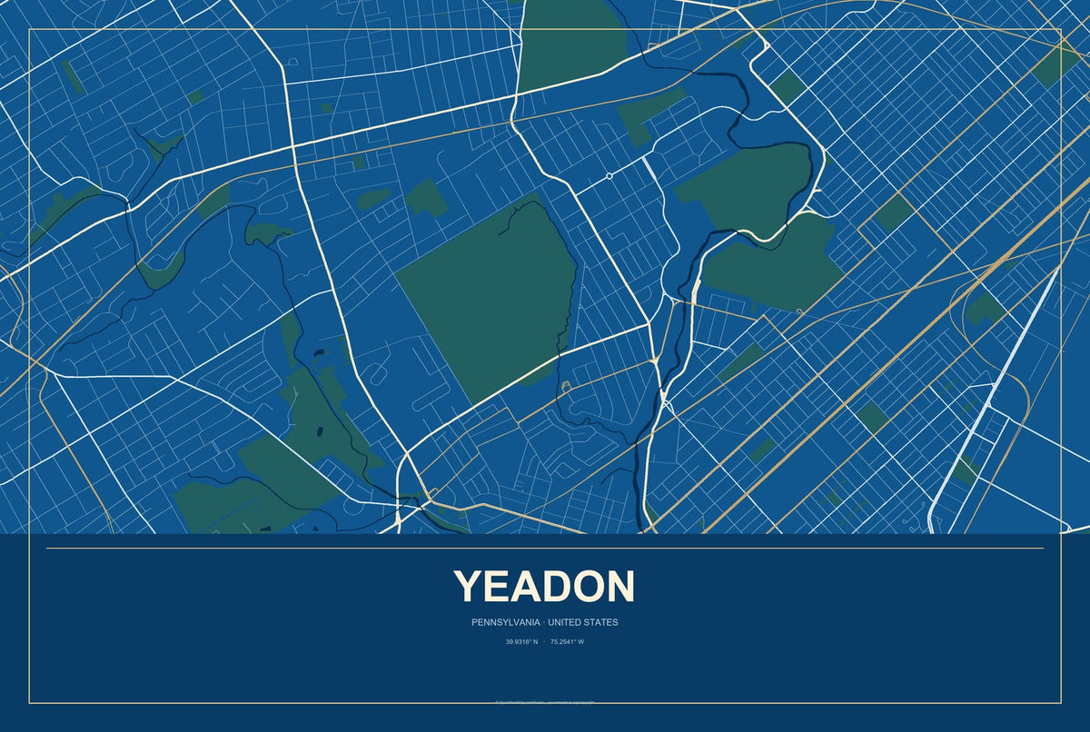 Yeadon, Pennsylvania City Map Aluminum Sign in Harbor Cobalt style