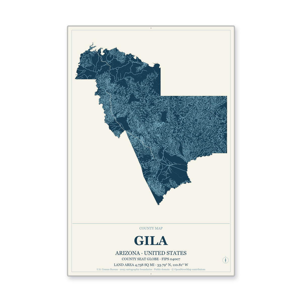 Gila County, Arizona Map Aluminum Sign in Coastal Cutout style