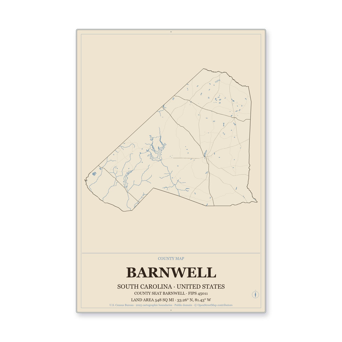 Barnwell County, South Carolina Map Aluminum Sign in Heritage Nautical style