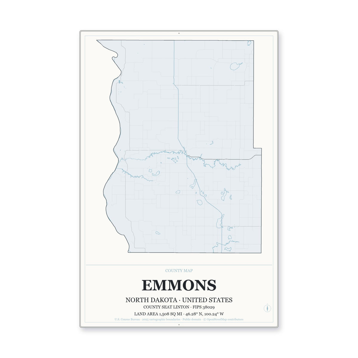 Emmons County, North Dakota Map Aluminum Sign in Gallery Air style