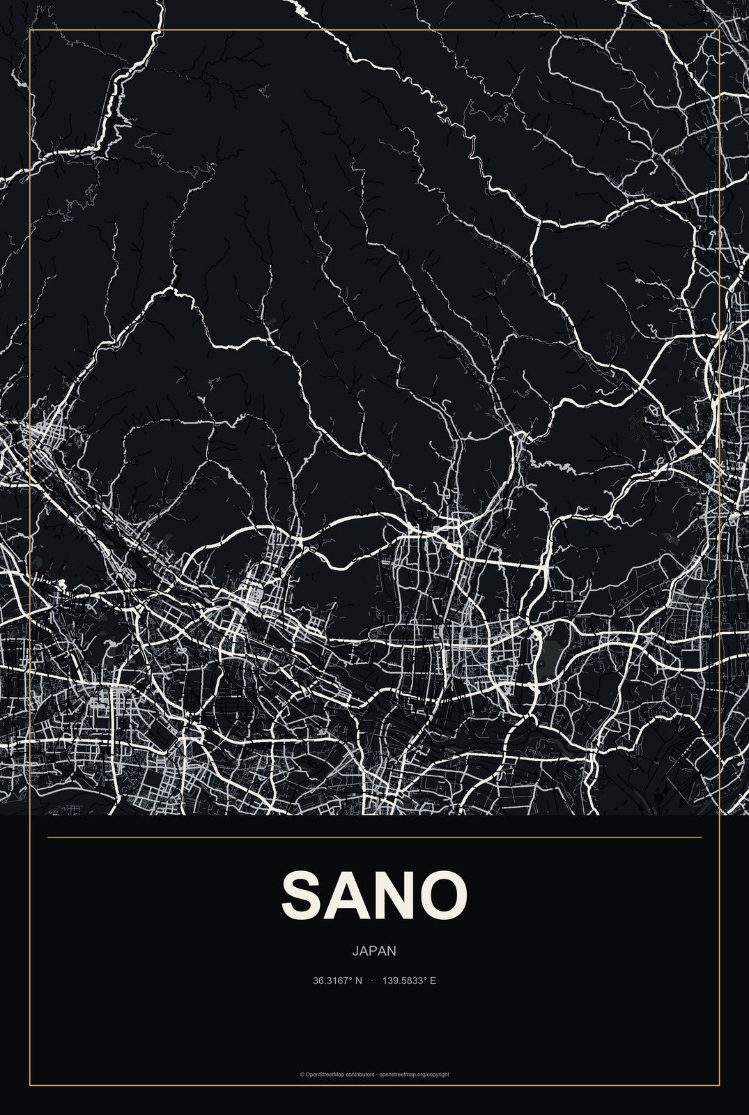 Sano, Japan City Map Aluminum Sign in Metropolitan Noir style