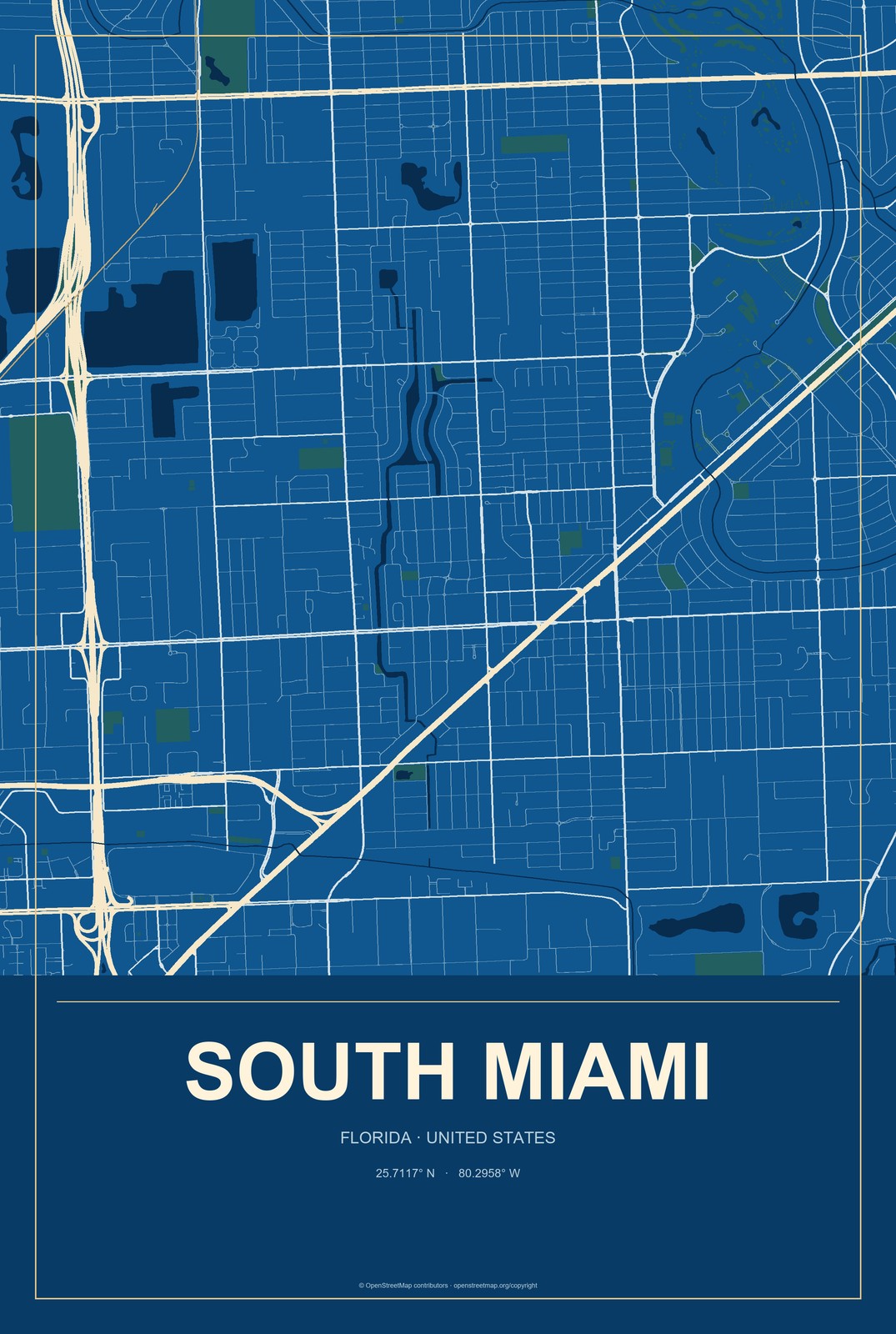 South Miami, Florida City Map Aluminum Sign in Harbor Cobalt style