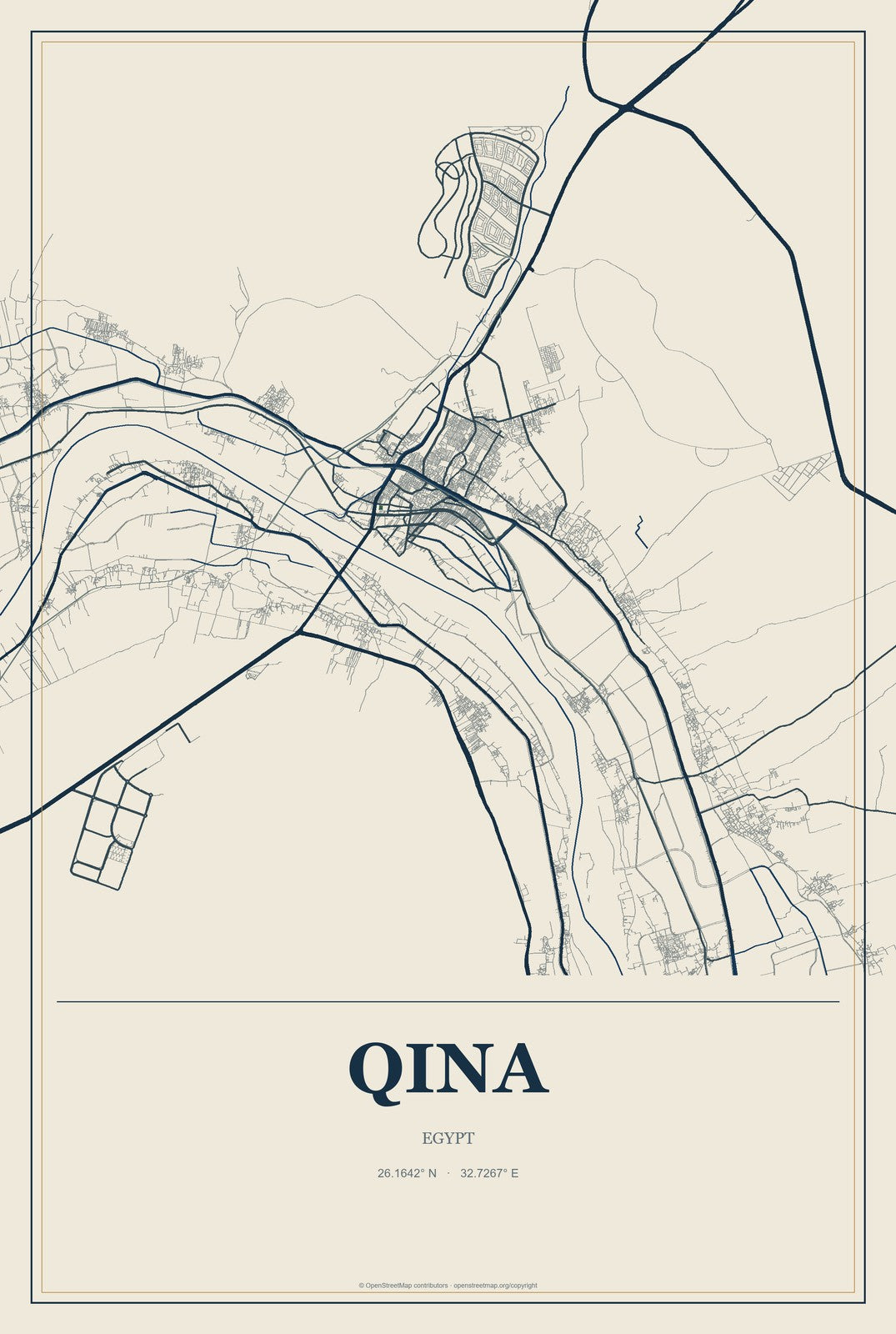 Qina, Egypt City Map Aluminum Sign in Coastal Cutout style
