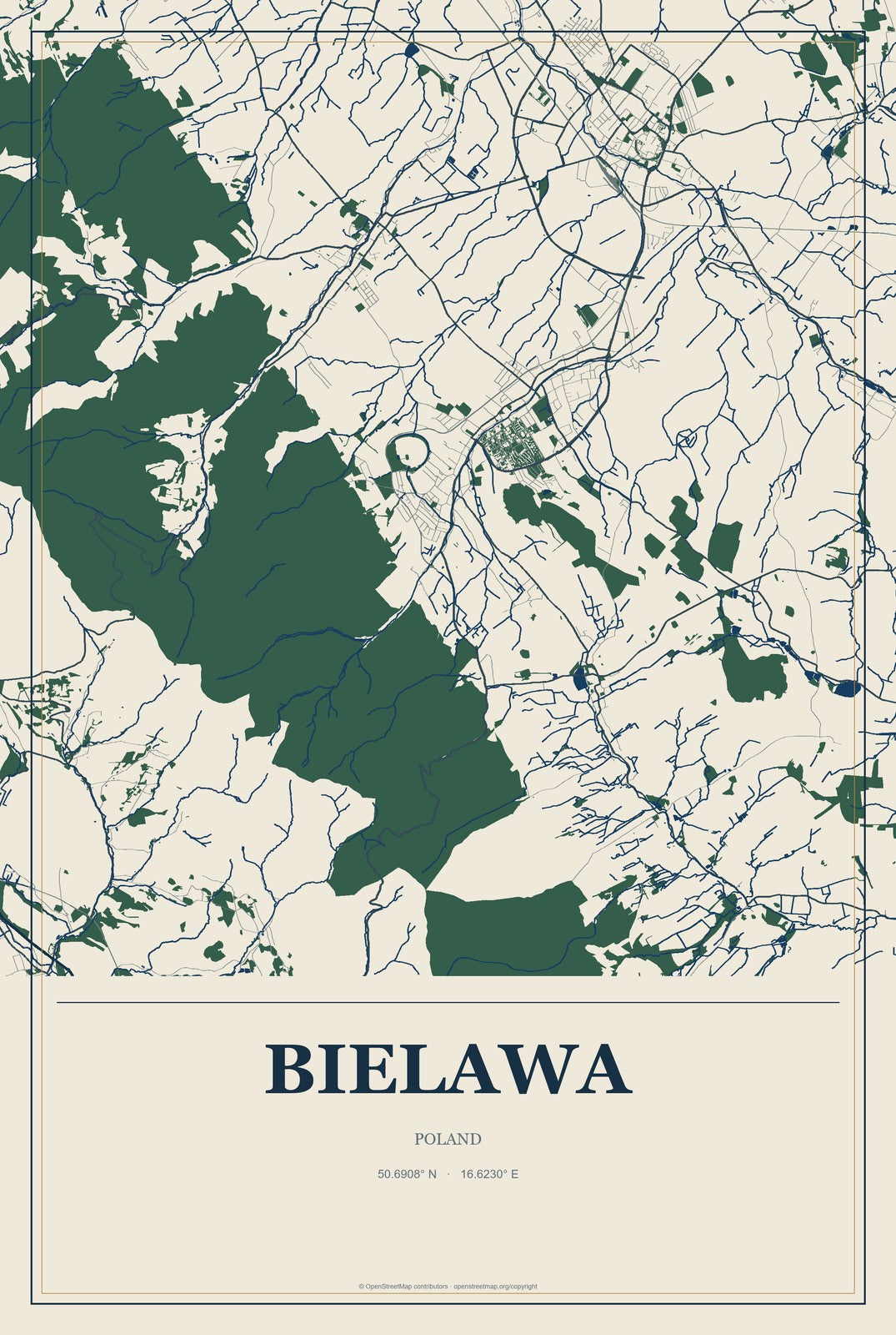 Bielawa, Poland City Map Aluminum Sign in Coastal Cutout style