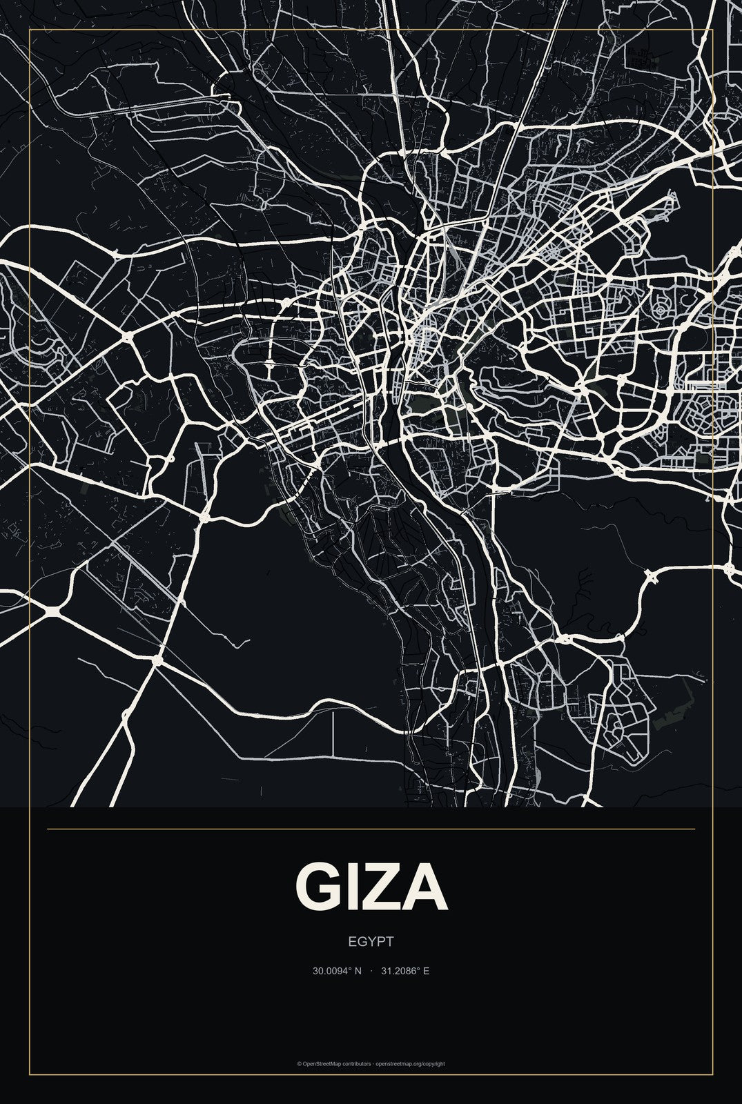 Giza, Egypt City Map Aluminum Sign in Metropolitan Noir style