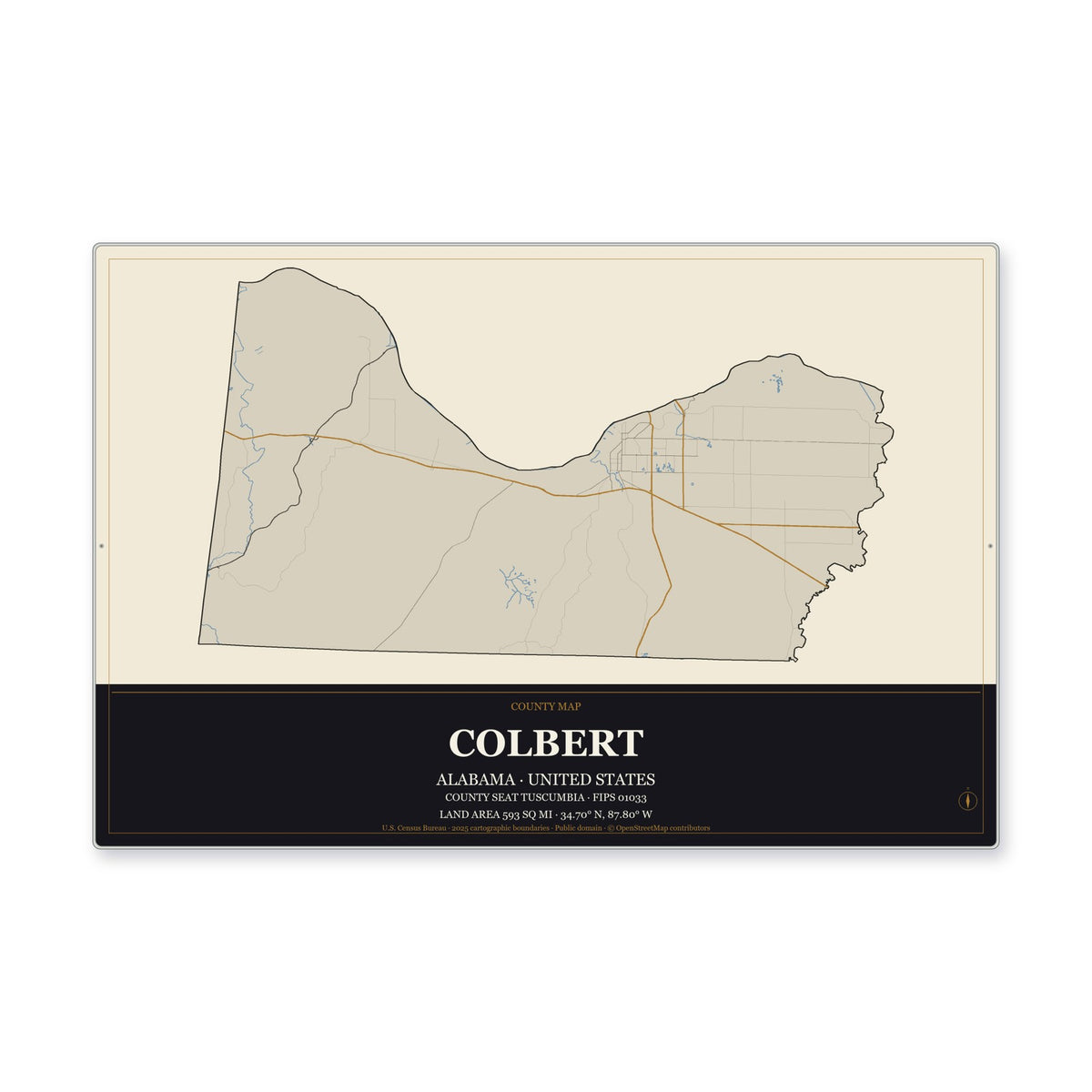 Colbert County, Alabama Map Aluminum Sign in Museum Plaque style