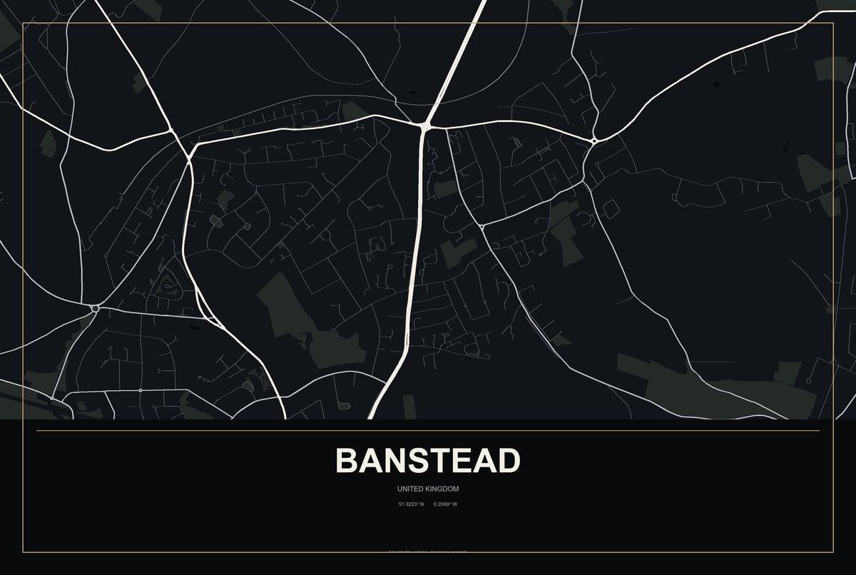Banstead, United Kingdom City Map Aluminum Sign in Metropolitan Noir style