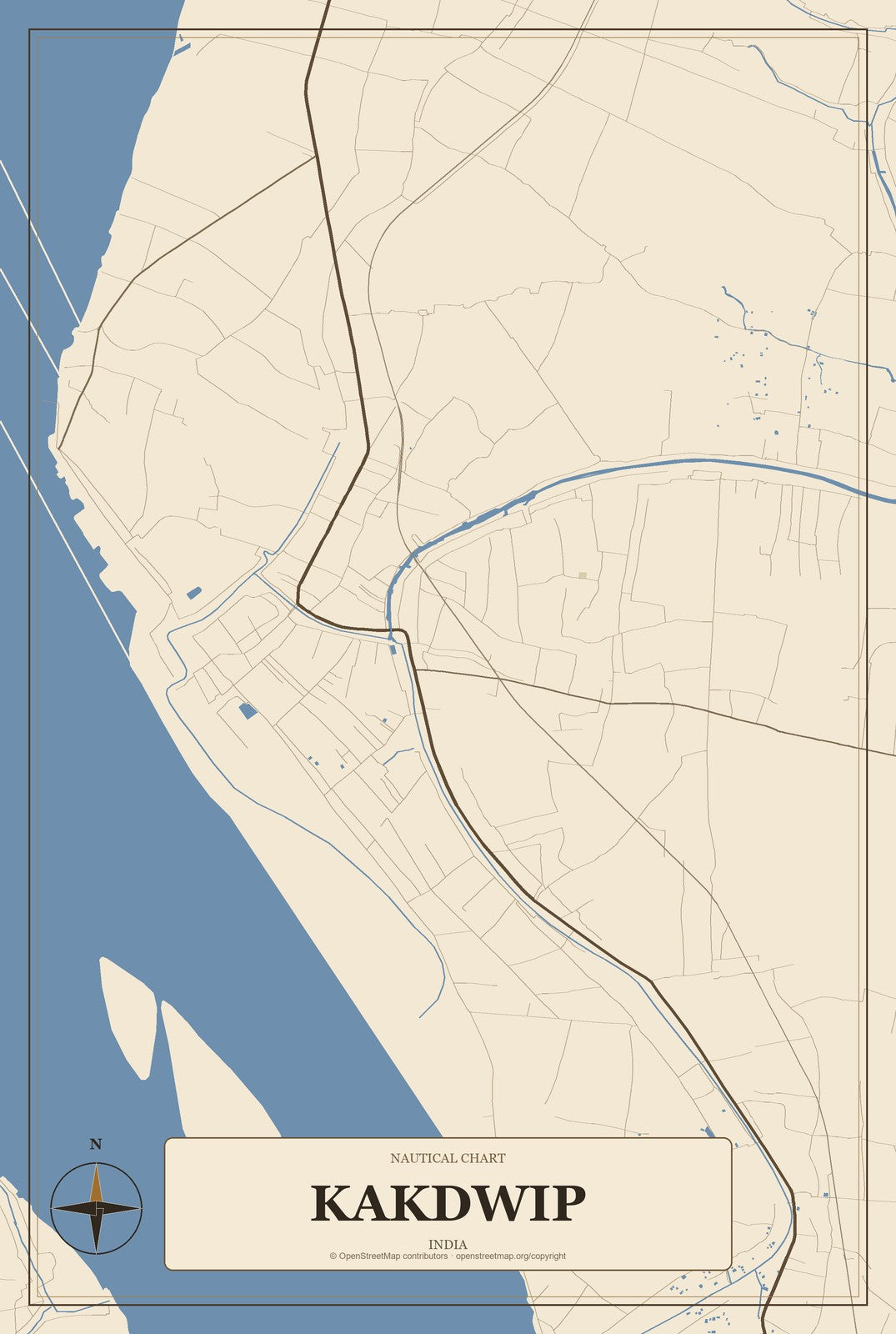 Kakdwip, India City Map Aluminum Sign in Heritage Nautical style