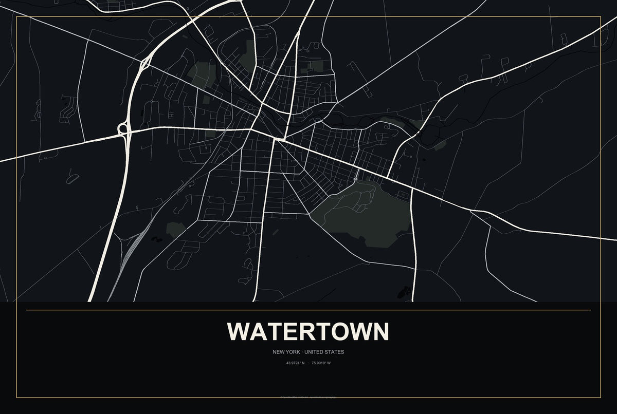 Watertown, New York City Map Aluminum Sign in Metropolitan Noir style
