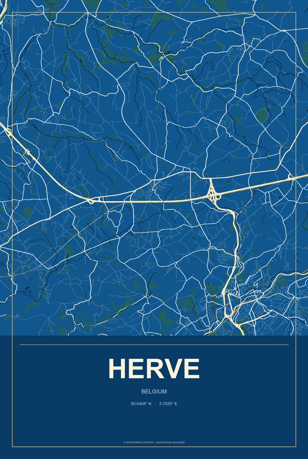 Herve, Belgium City Map Aluminum Sign in Harbor Cobalt style