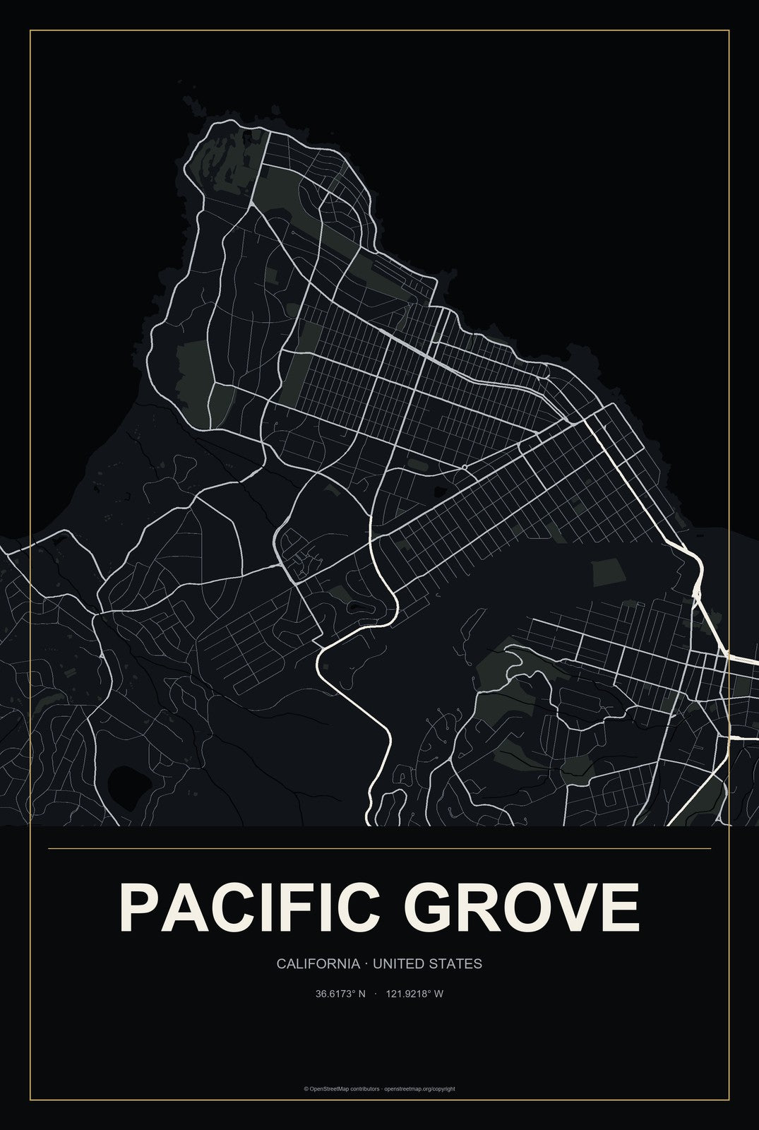 Pacific Grove, California City Map Aluminum Sign in Metropolitan Noir style