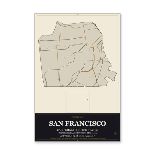 San Francisco County, California Map Aluminum Sign in Museum Plaque style