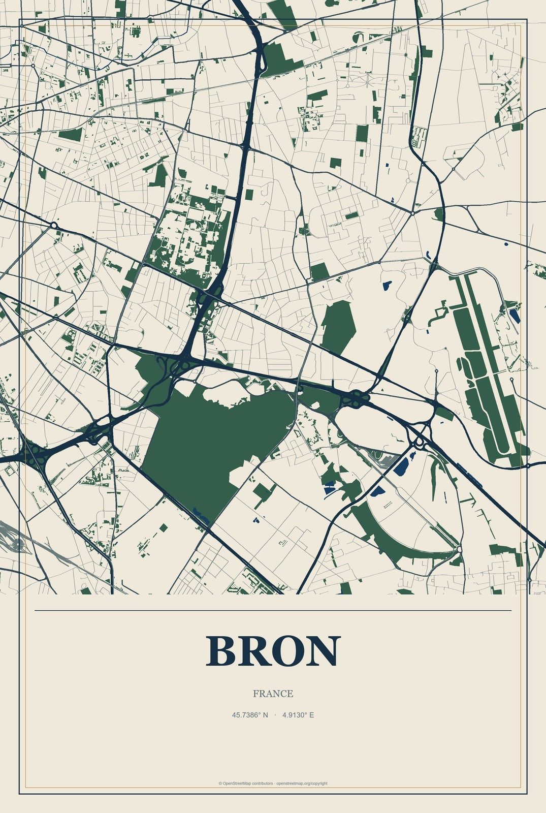Bron, France City Map Aluminum Sign in Coastal Cutout style