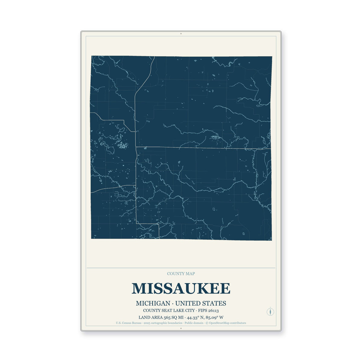 Missaukee County, Michigan Map Aluminum Sign in Coastal Cutout style
