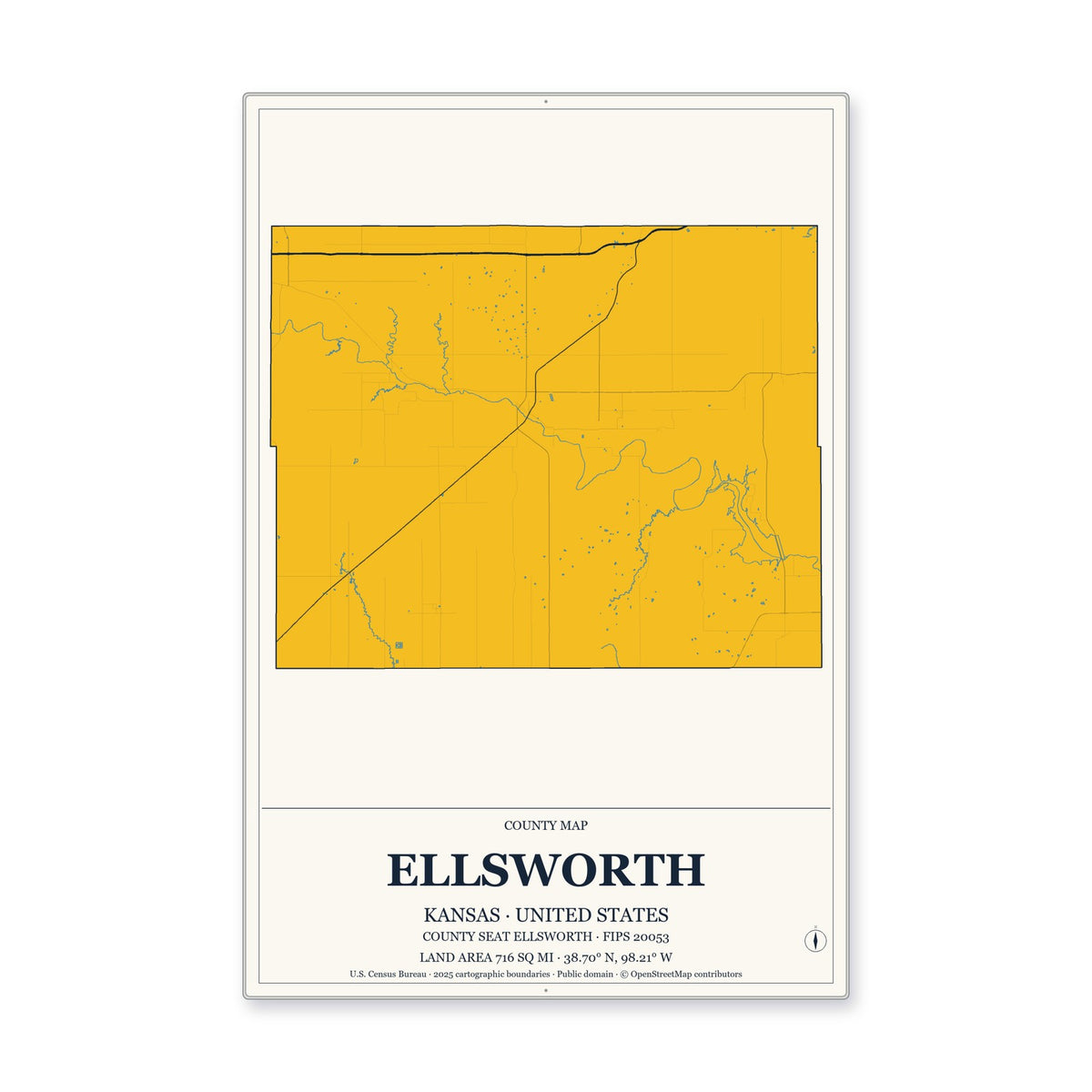 Ellsworth County, Kansas Map Aluminum Sign in Citrine Modern style